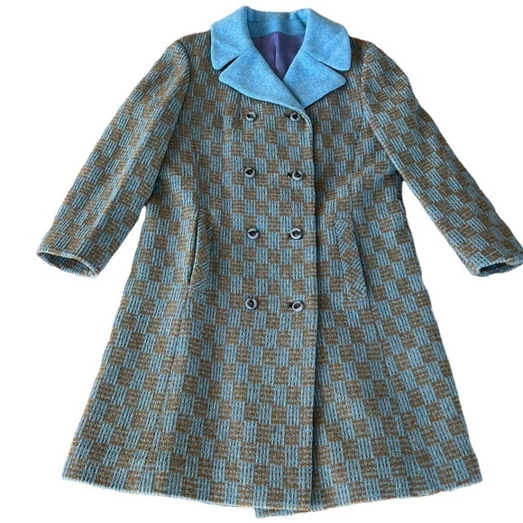 Vintage Checkerboard Plaid Tweed Double Breasted Wool Coat Blue Tan Satin Lined - Picture 6 of 16